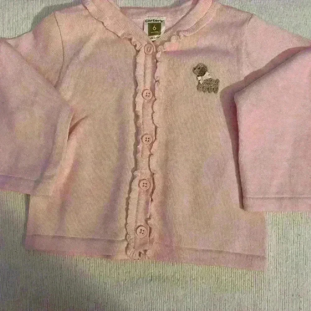 Carter's Pink Cardigan with ruffled button front, w/ Brown pants , 6 months